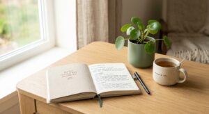 A minimalist, professional composition featuring a serene workspace with a journaling notebook, a sm