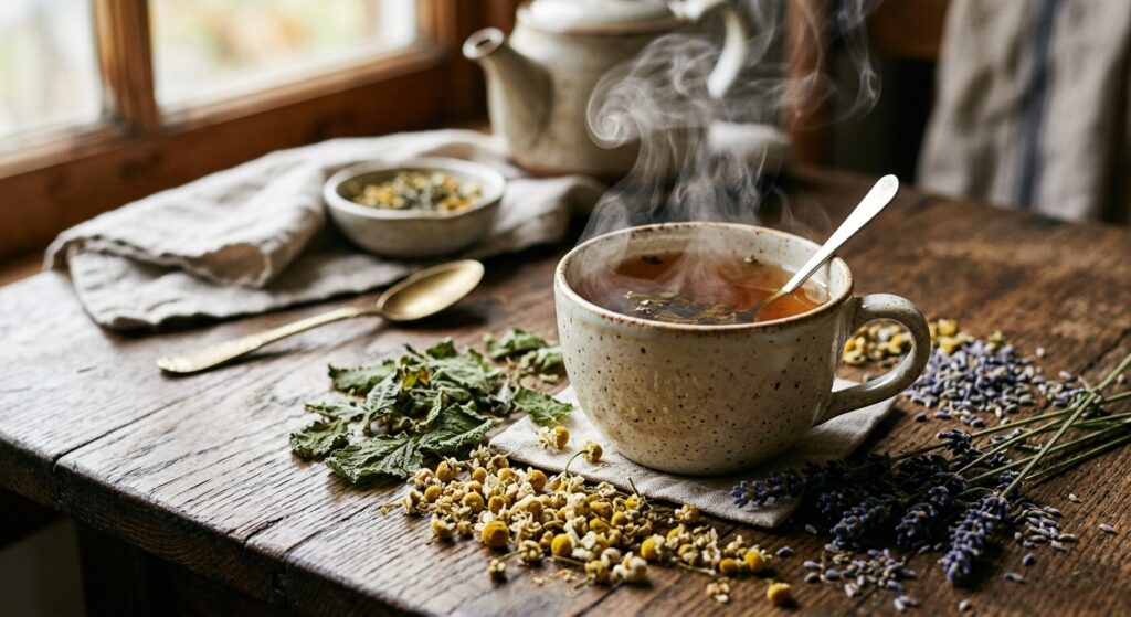 A high-quality, editorial-style photograph featuring a steaming ceramic cup of herbal tea placed on