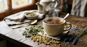 A high-quality, editorial-style photograph featuring a steaming ceramic cup of herbal tea placed on