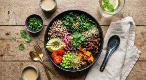 A high-quality, editorial-style flat lay of a diverse, nutritionally balanced vegan meal bowl featur