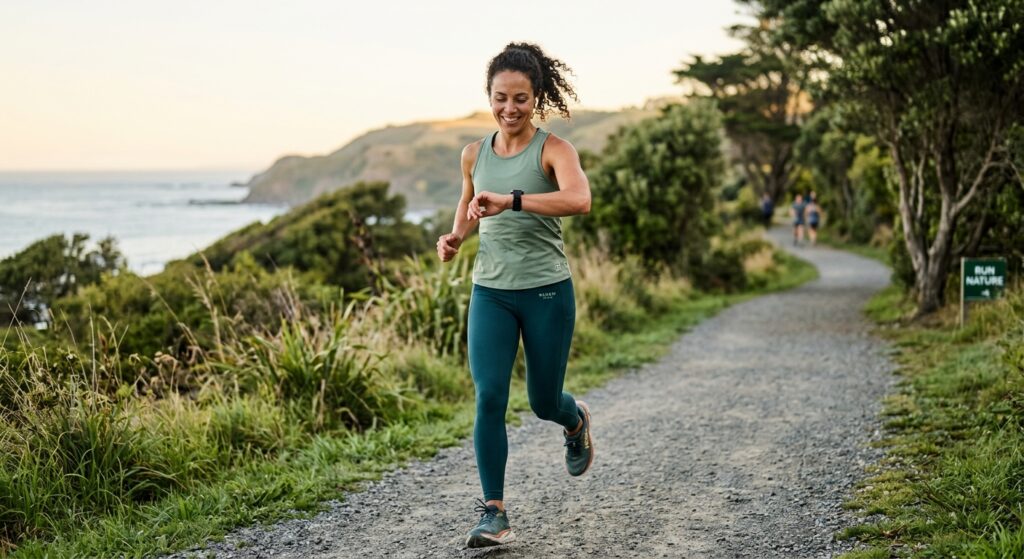 A professional, editorial-style photograph of an athletic person monitoring their heart rate on a sm