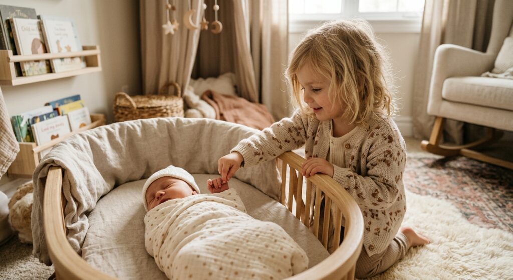 A warm, professional editorial photograph of a young child gently touching the hand of a newborn bab