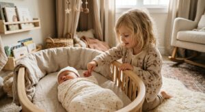 A warm, professional editorial photograph of a young child gently touching the hand of a newborn bab